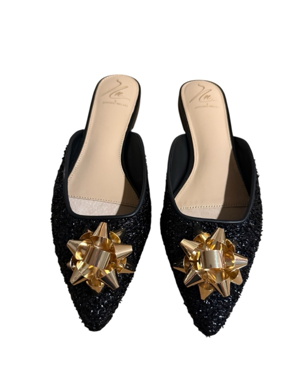Antonio Melani x The Nat Note, the Estrella Textured Ornamented Bow Dress Mules